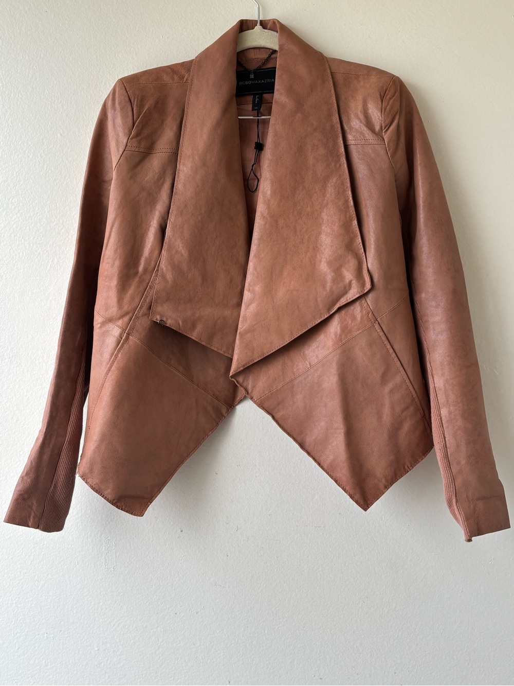 BCBGMaxAzria Cognac Leather Draped Jacket